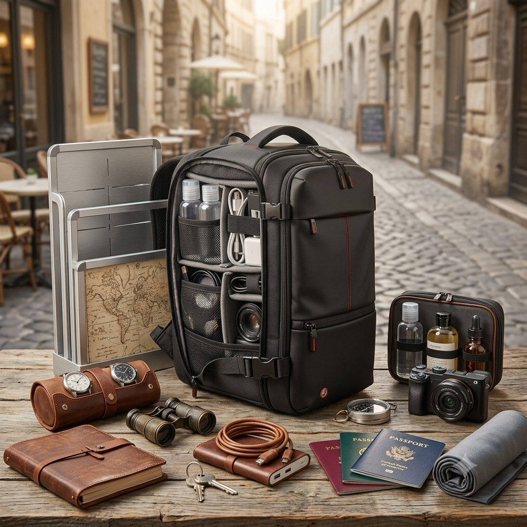 Zaino da viaggio nero con scomparti organizzati e accessori da viaggio su un tavolo in una strada europea