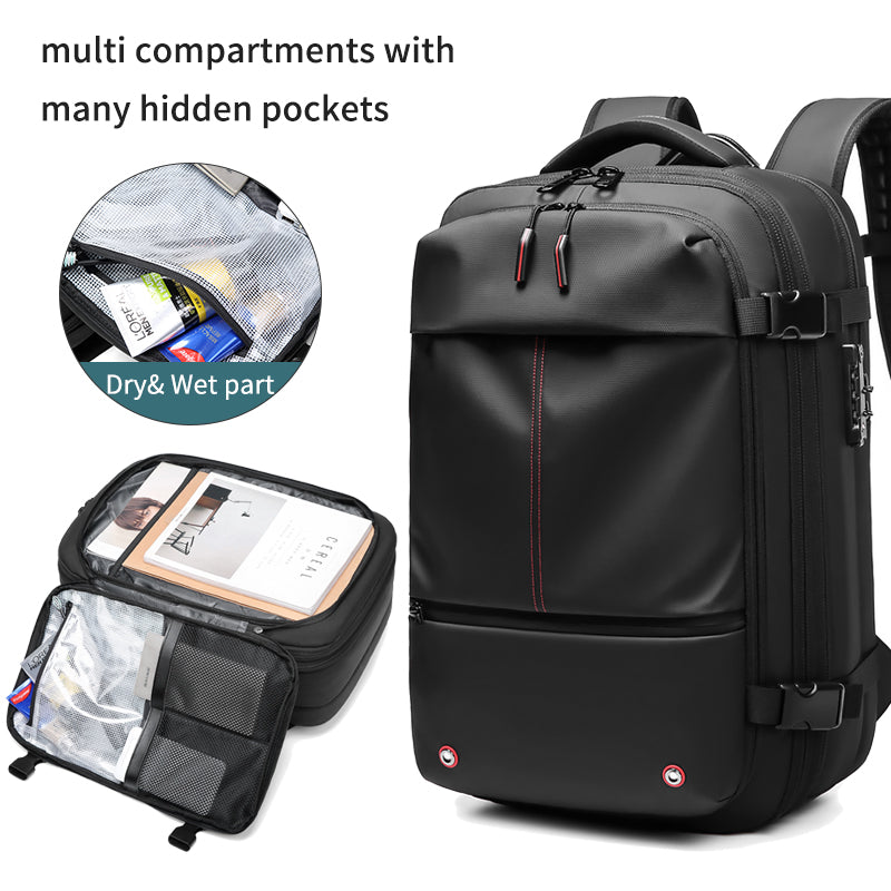 Zaino da viaggio AeroMax nero con scomparti multipli, tasche nascoste e vano separato