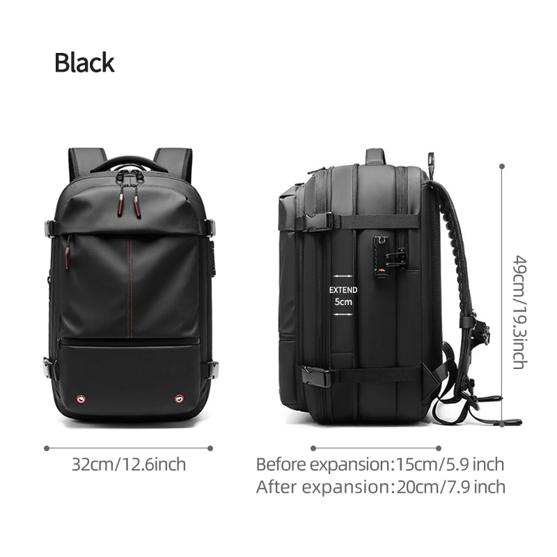Zaino da viaggio AeroMax nero espandibile, dimensioni 49 × 32 × 15–20 cm