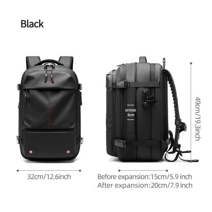 Zaino da viaggio AeroMax nero espandibile, dimensioni 49 × 32 × 15–20 cm