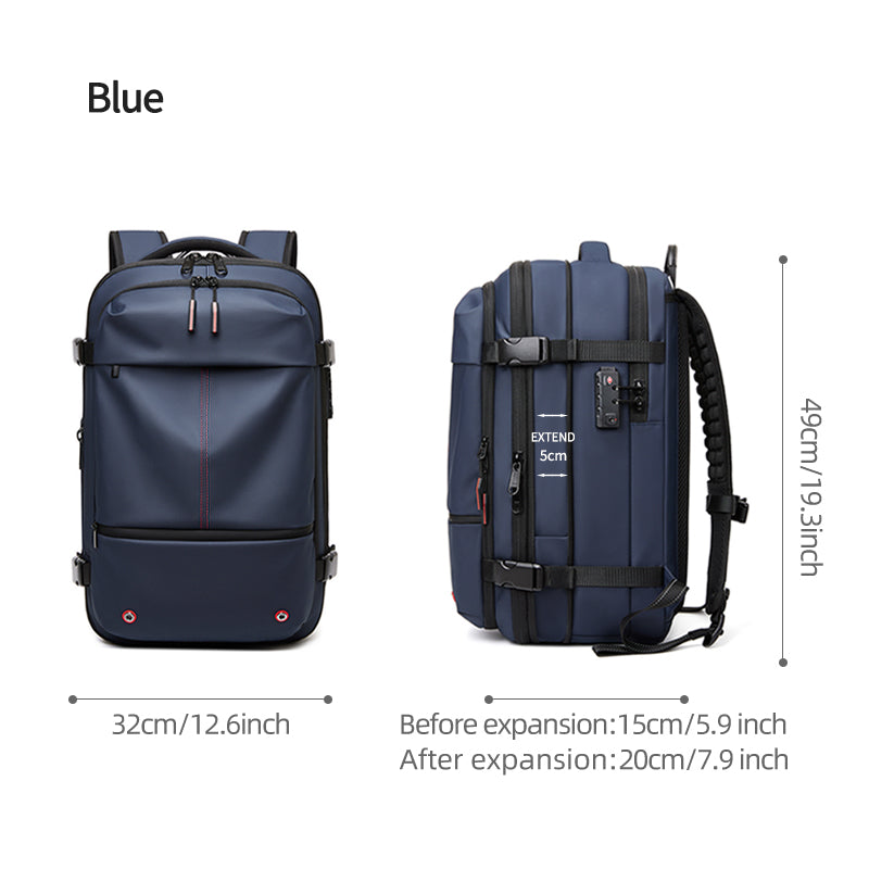 Dimensioni dello zaino da viaggio AeroMax blu con profondità espandibile da 15 a 20 cm