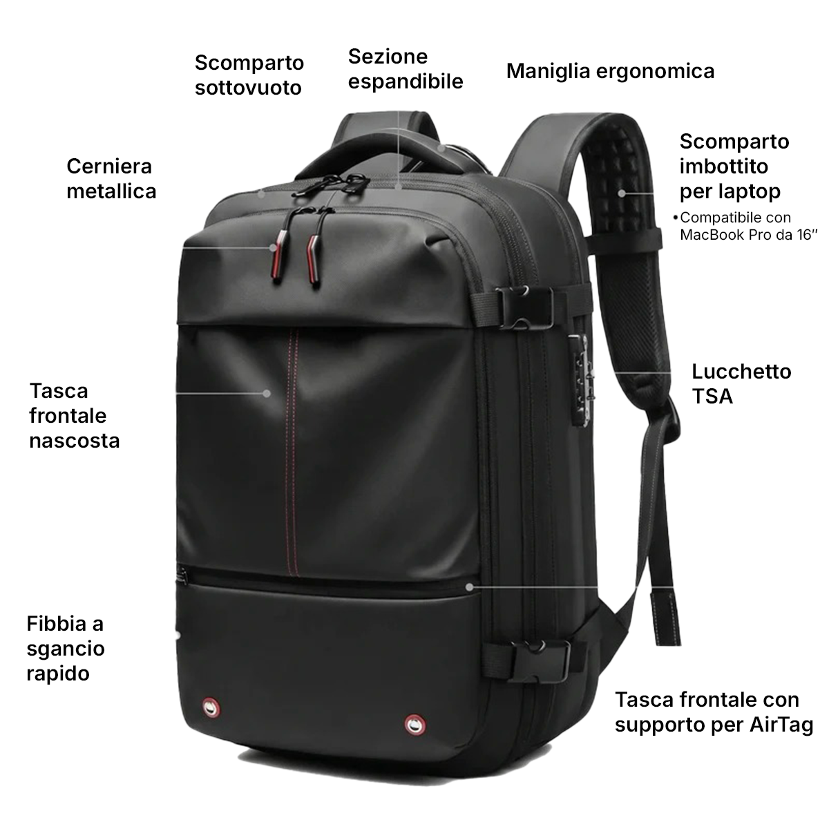 Zaino da viaggio sottovuoto AeroMax nero con etichette in italiano che indicano scomparto sottovuoto, sezione espandibile, tasca per laptop e altre caratteristiche.