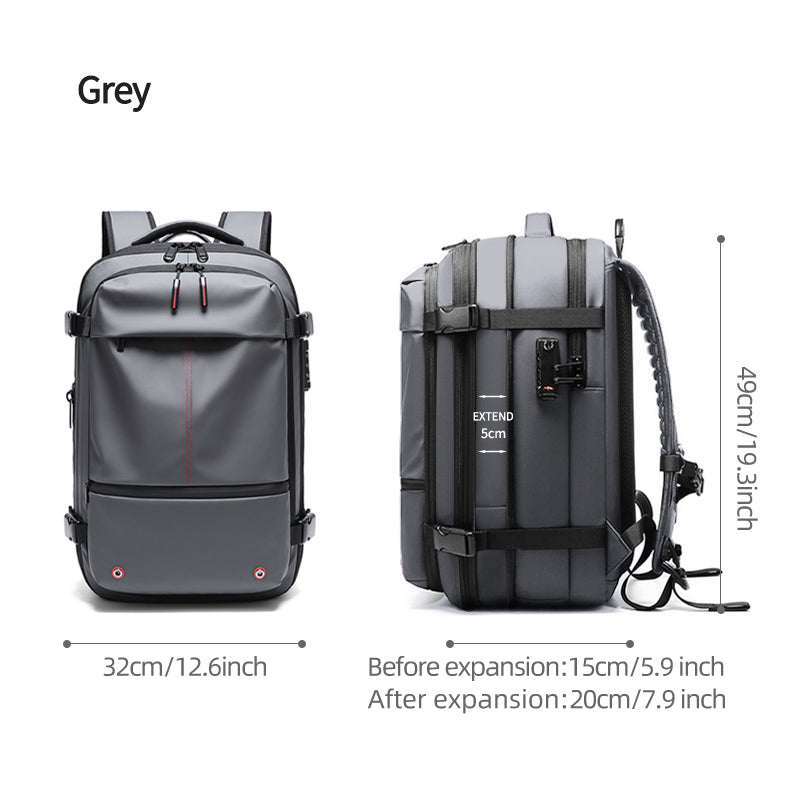 Zaino da viaggio AeroMax grigio espandibile, dimensioni 49 × 32 × 15–20 cm